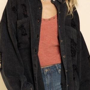 POL womens large black distressed denim shacket jacket